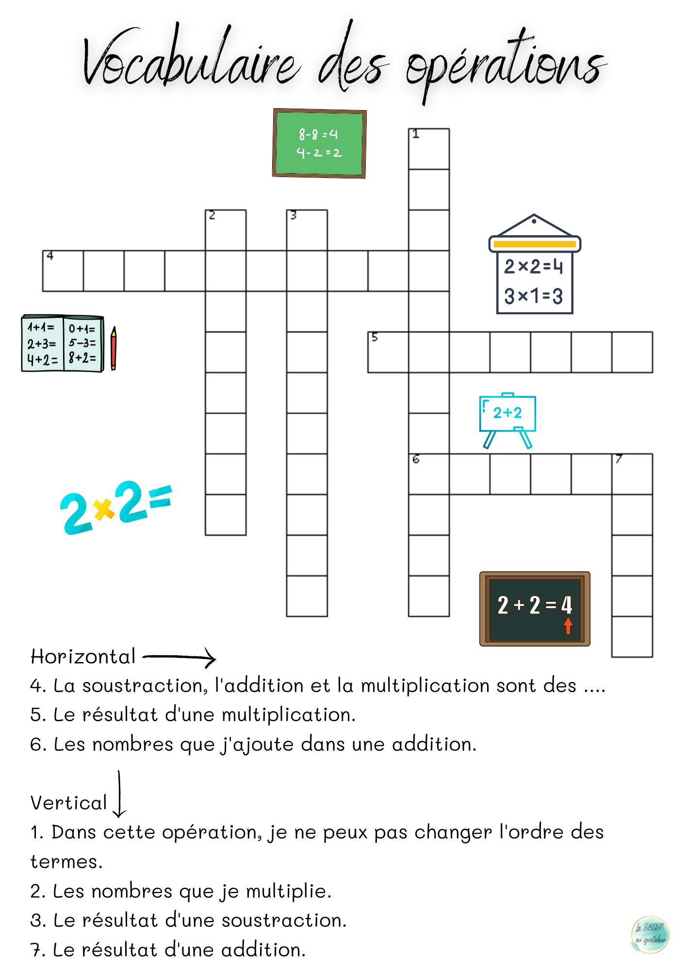 mots croisés vocabulaire opérations